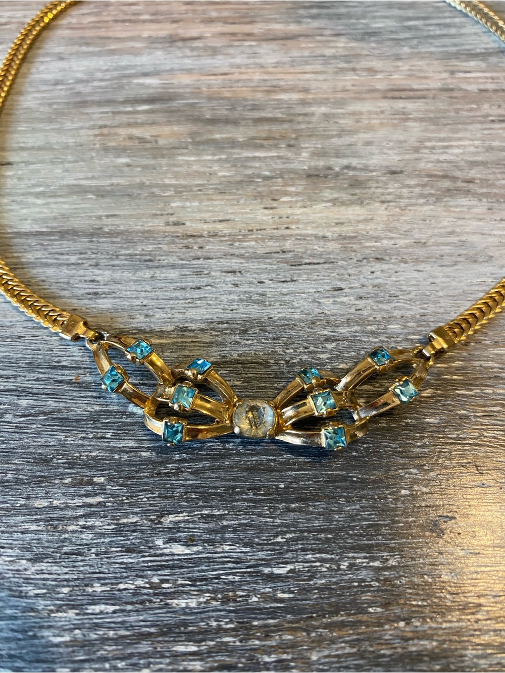 gold-tone choker necklace vintage blue and clear stones jewelry - Picture 2 of 6